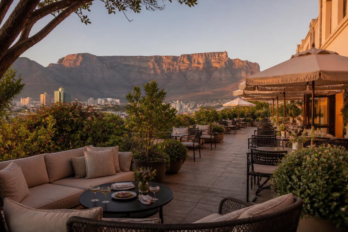 Luxury Cape Town hotel terrace with Table Mountain in the background at sunset
