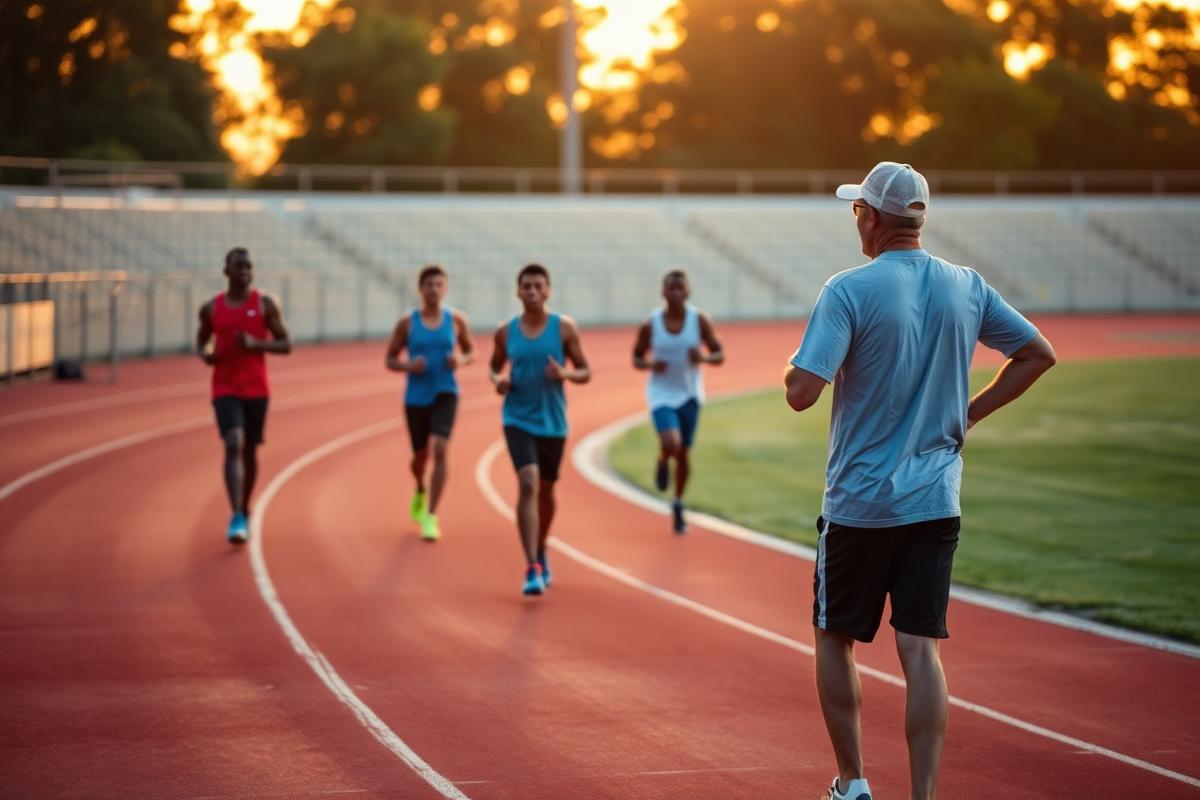 Running coach guiding athletes on a track at sunrise