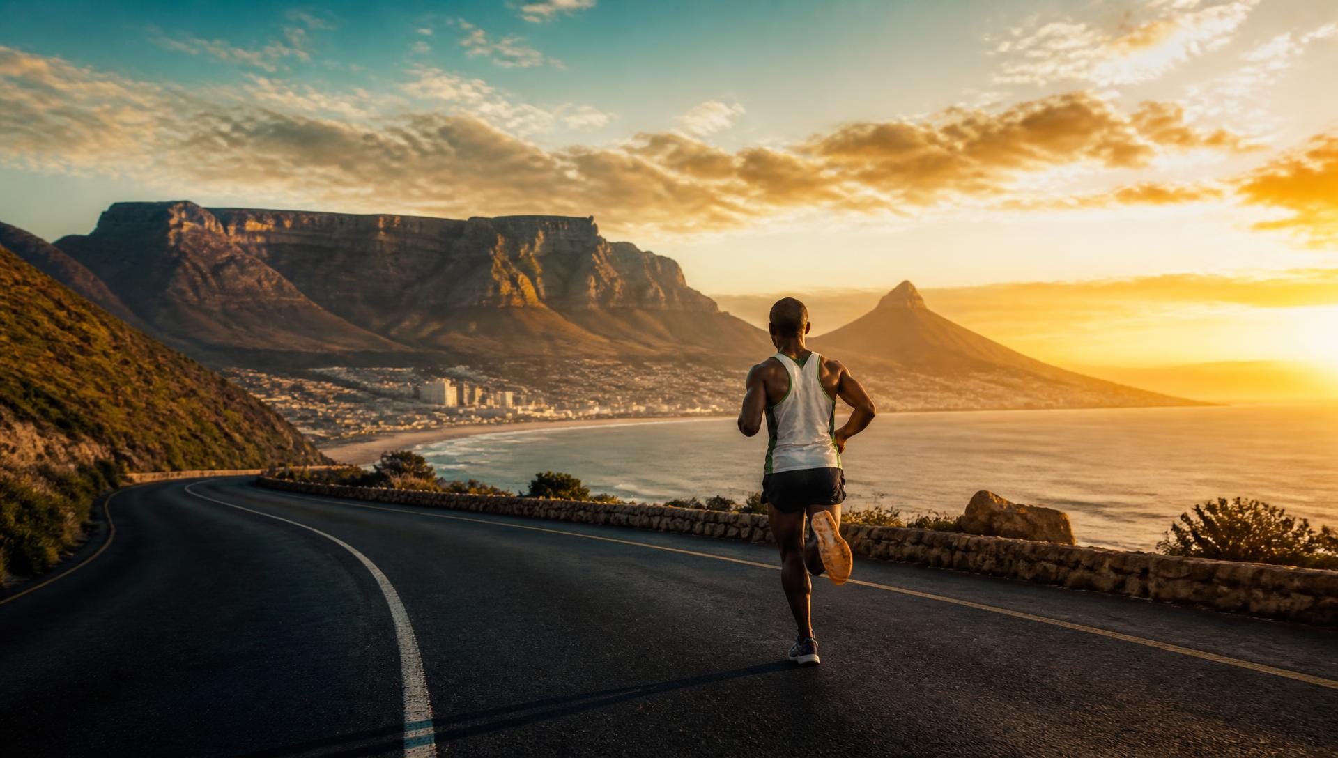 Runner on a coastal road at sunrise with Table Mountain behind